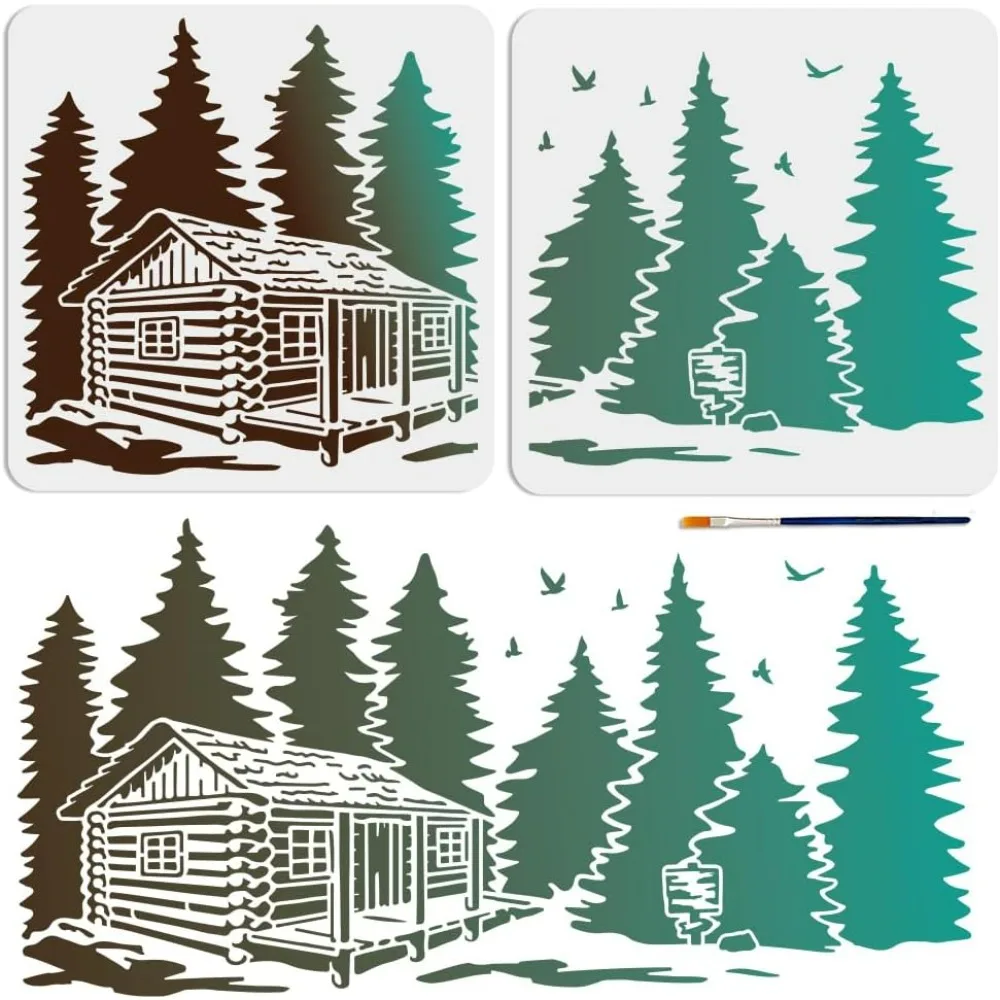 2pcs Forest Cabin Tree Stencil 22×11inch Splicing Style Forest Pine Cabin Stencil Nature Forest Landscape 11.8×11.8inch