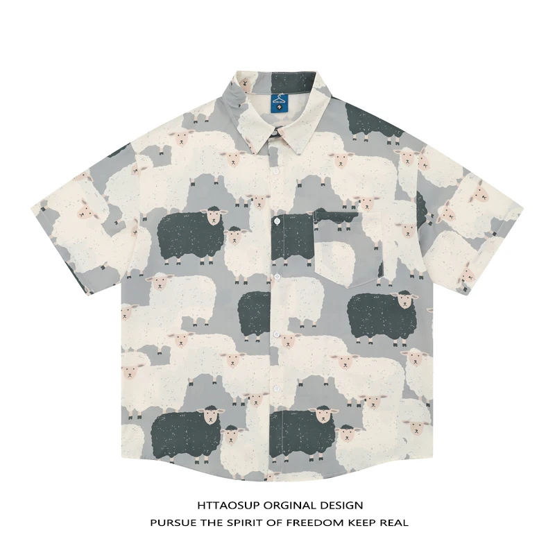 

HTTAOSUPins Casual Cartoon Sheep Print Short Sleeve Men's Shirt Summer Vacation Loose Couple's Polka Dot Patterned Blouse