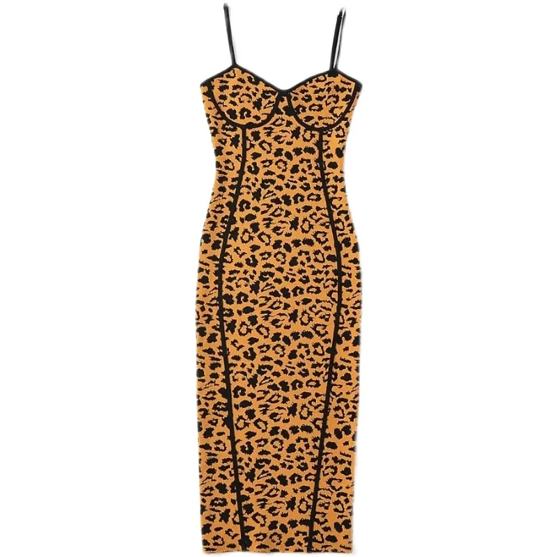 ชุดเดรสไหมพรมลายเสือ ทรงเข้ารูป สายรัดไขว้ ผู้หญิง เอวสูง ใส่ทำงาน ฤดูใบไม้ร่วง ชิ้นเดียว วัสดุอื่นๆ