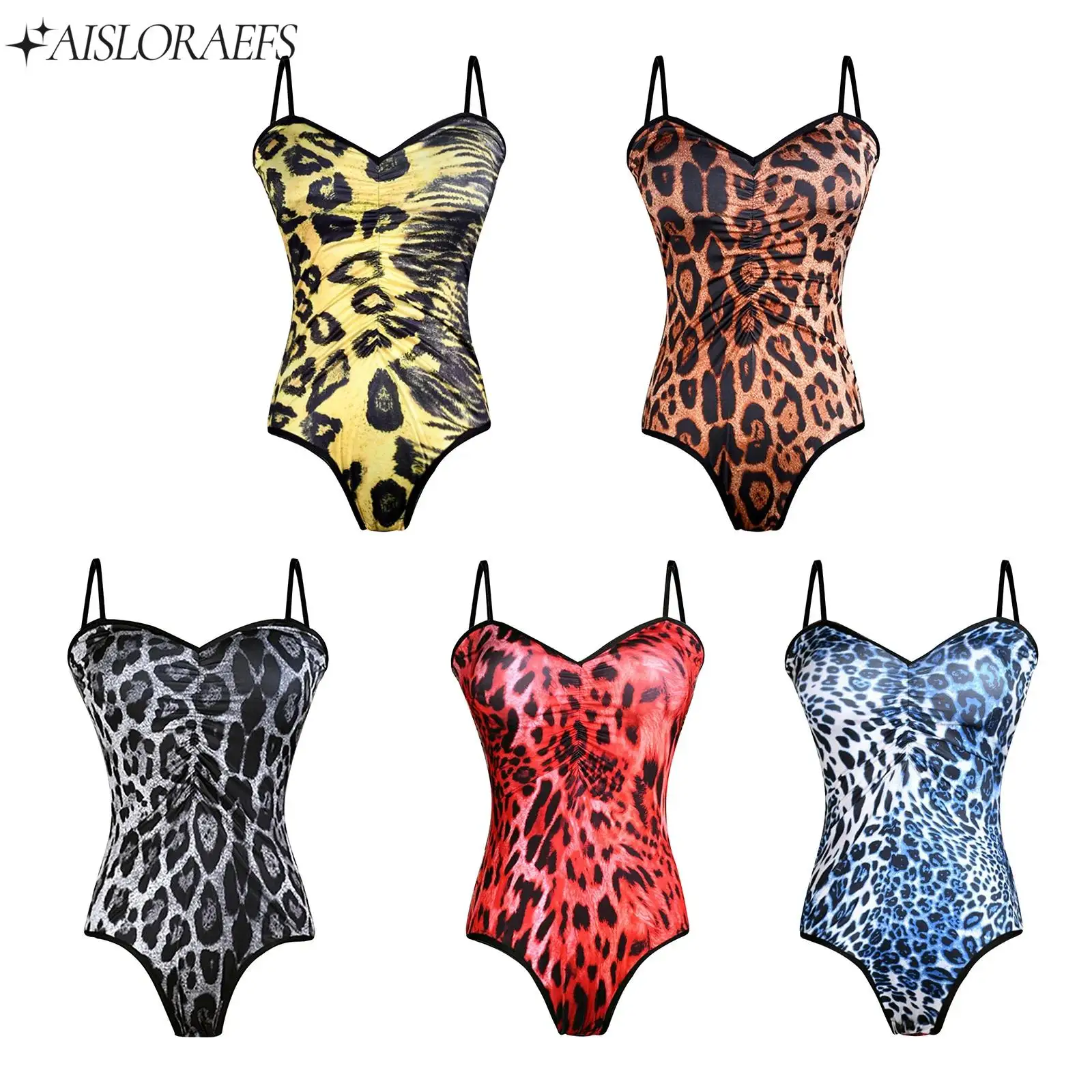 

Leopard Print Women Sexy Latin Sling Leotard Ruched Front Openable Crotch Camisole Bodysuit Jumpsuit Samba Cha-cha Dance Costume