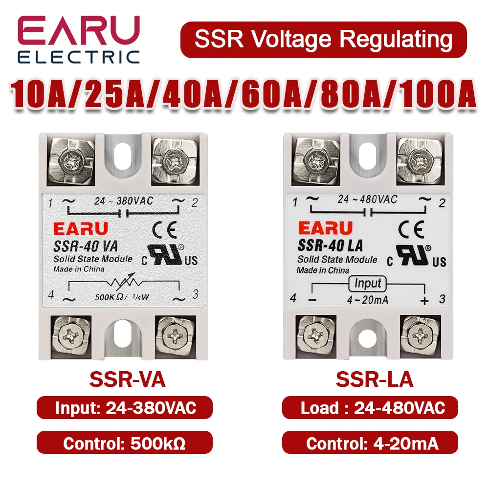 EARU SSR-25VA SSR-40VA SSR-25LA SSR-40LA Single Phase AC Solid State Relay 10A/25A/40A/60A/80A/100A Voltage Current Regulator