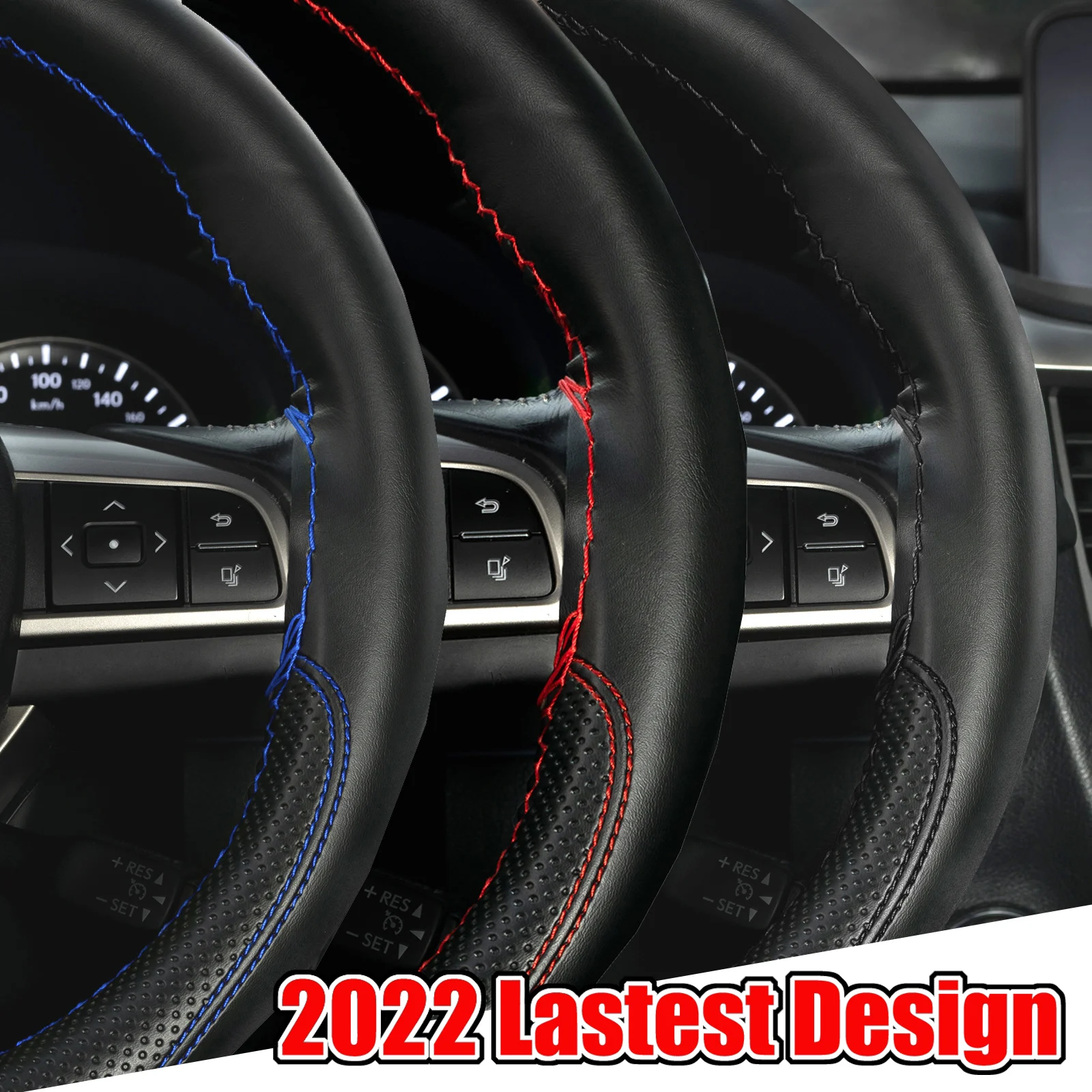 Black/Red/Blue Leather DIY Car Steering Wheel Cover Protection Needle 38cm 15