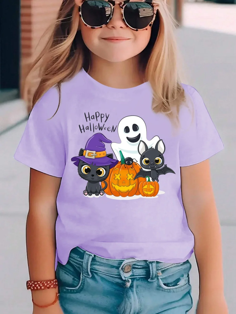 

Летняя модная детская одежда с элементами Хэллоуина, черный кот, с короткими рукавами, повседневная универсальная детская одежда с принтом летучей мыши и призраков, 2025 г.