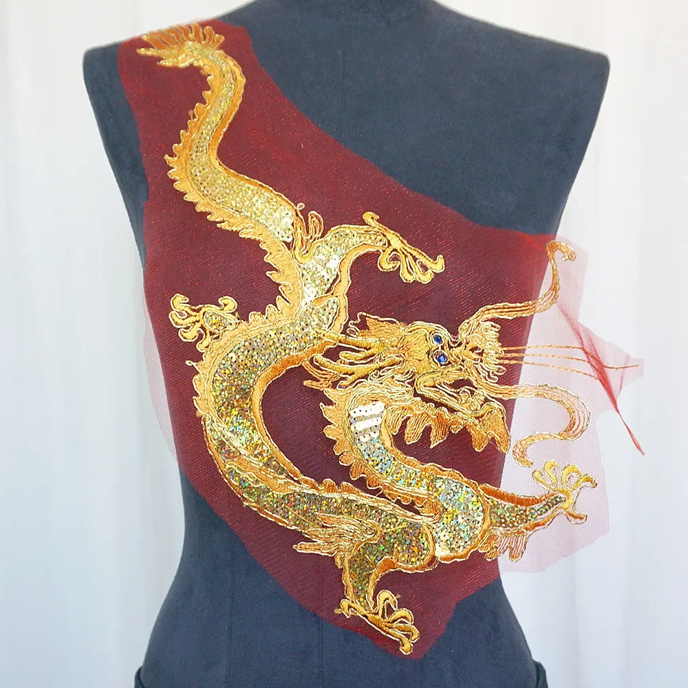 Gold Chinese Dragon Sequins Red Lace Trims Mesh Rhinestone Sew On Patches Embroidery For Wedding Appliques Decoration