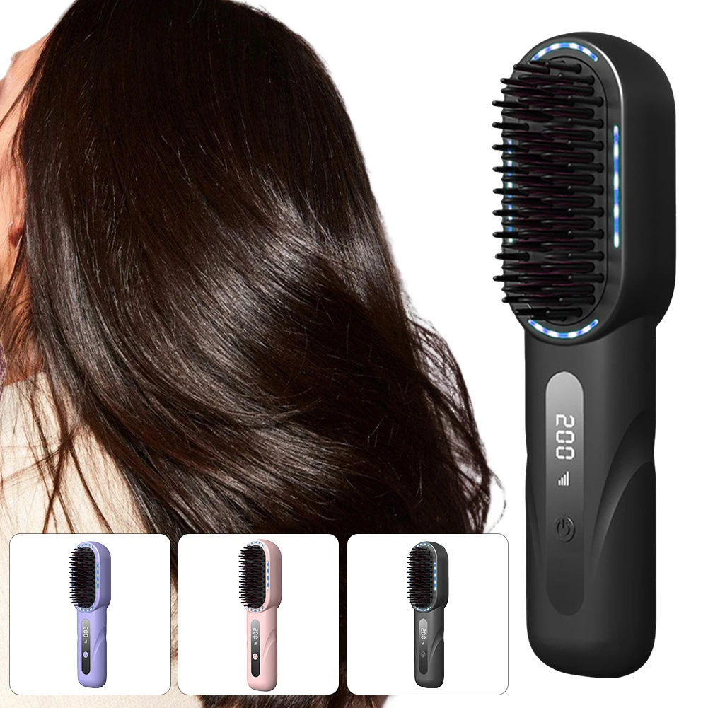 2 In 1 Wireless Straight Curling Hair Comb Anti-Scalding Detangling Heating Negative Ion Hair Straightener Home/Travel Comb