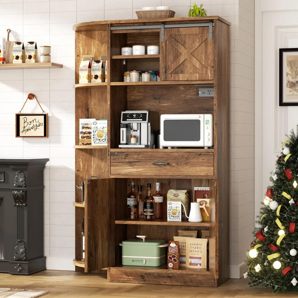 

67" Tall Kitchen Pantry Storage Cabinet with Charging Station, Farmhouse Pantry with Removable Door and Microwave Shelf,