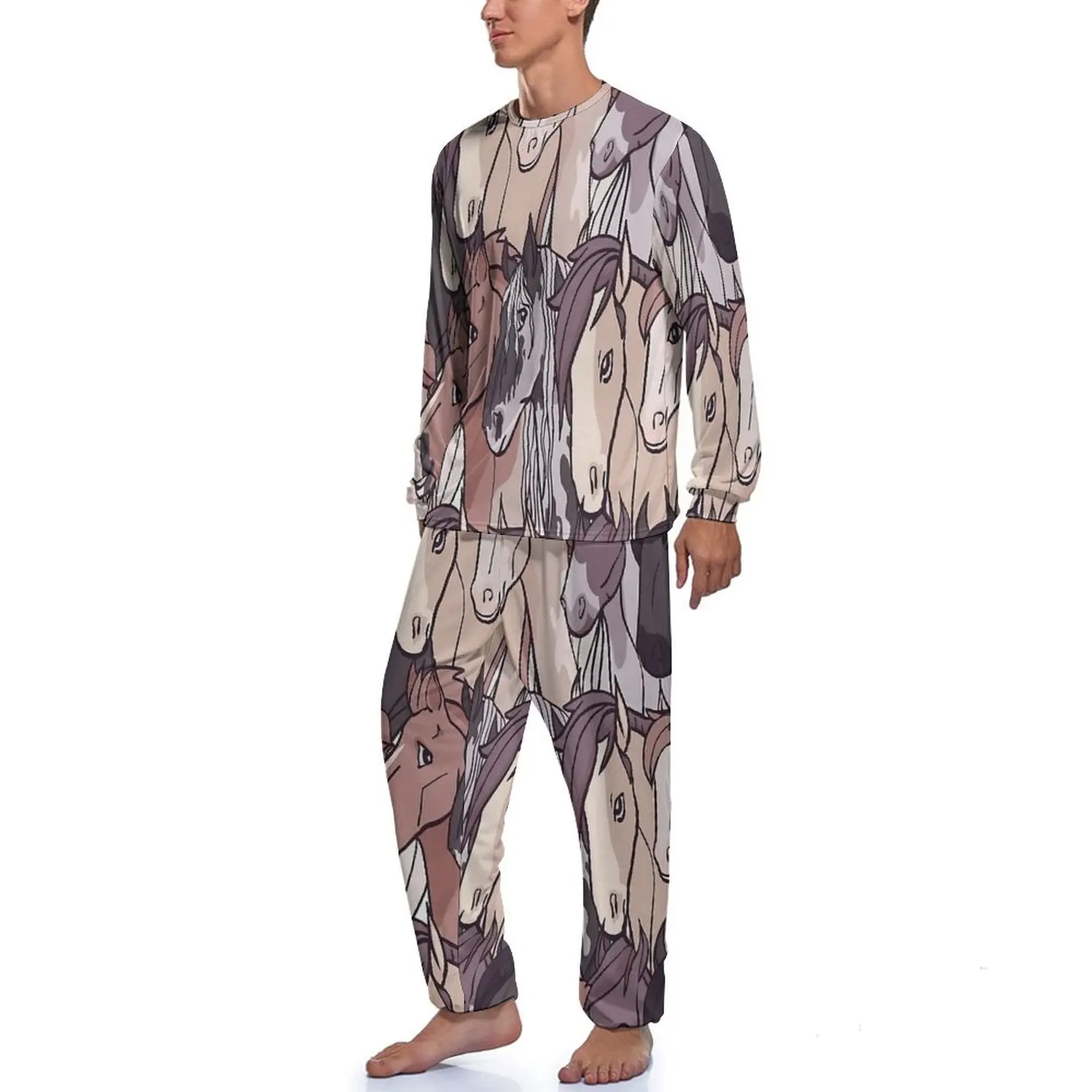 Cute Horse Farm Print Pajamas  Mens Long Sleeves Cute Pajama Sets 2 Pieces Leisure Spring Design Sleepwear Birthday Present