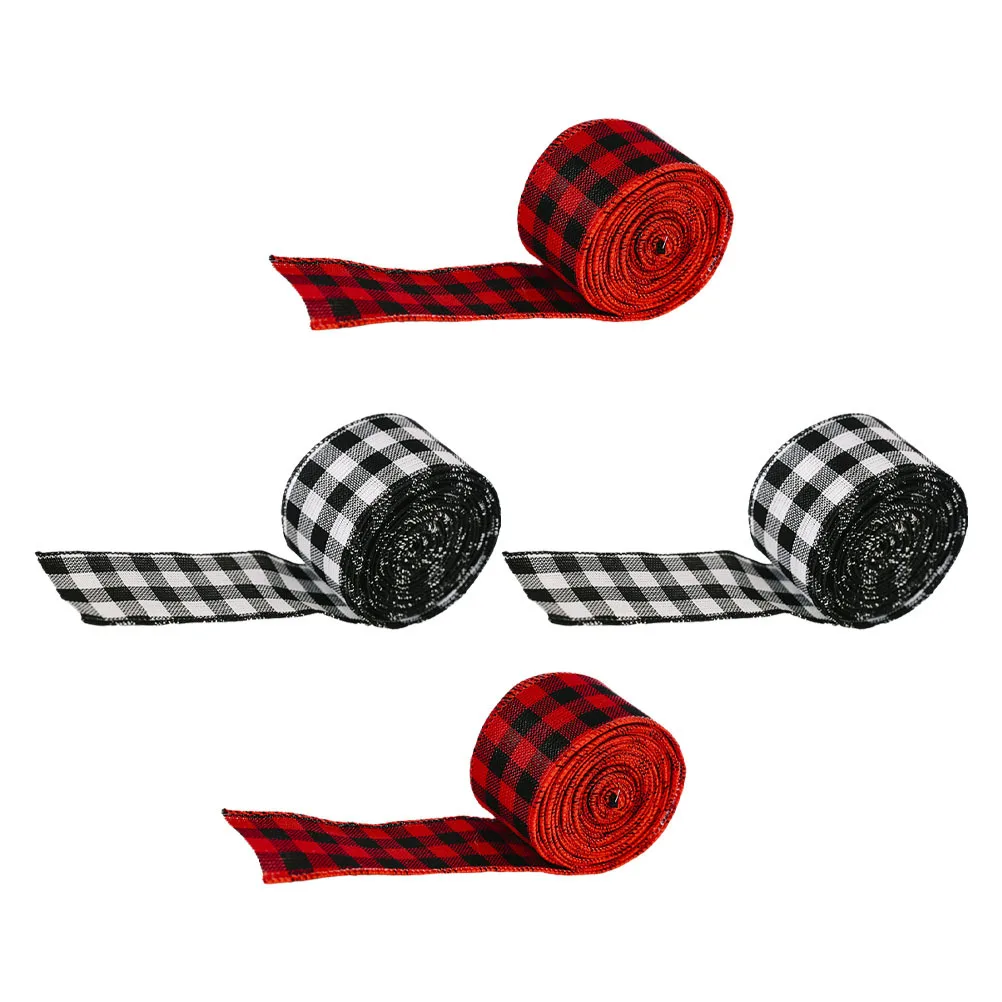 

4Pcs Christmas Black White Red Plaid Ribbon Rustic Checkered Fabric for Holiday Wreath Tree Decor Wrapping Crafts