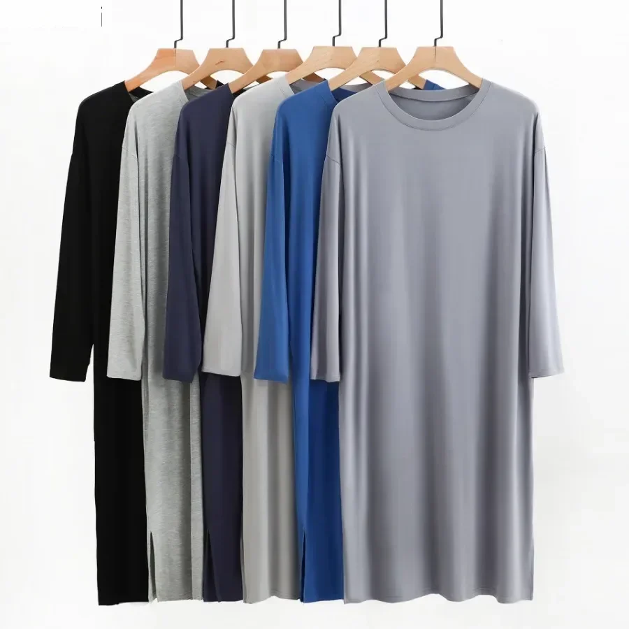 New  Men's O-Neck Long Sleeve Robes Homewear Mid-long Knee Length Soft Comfortable Modal Nightwear Men Solid Thin Bathrobe