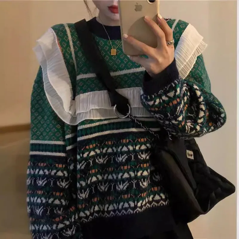 Women Korean Trend Vintage Patchwork Contrasting Colors Knitting Sweater Women Clothes Vintage Pullover Long Sleeve Sweater Card