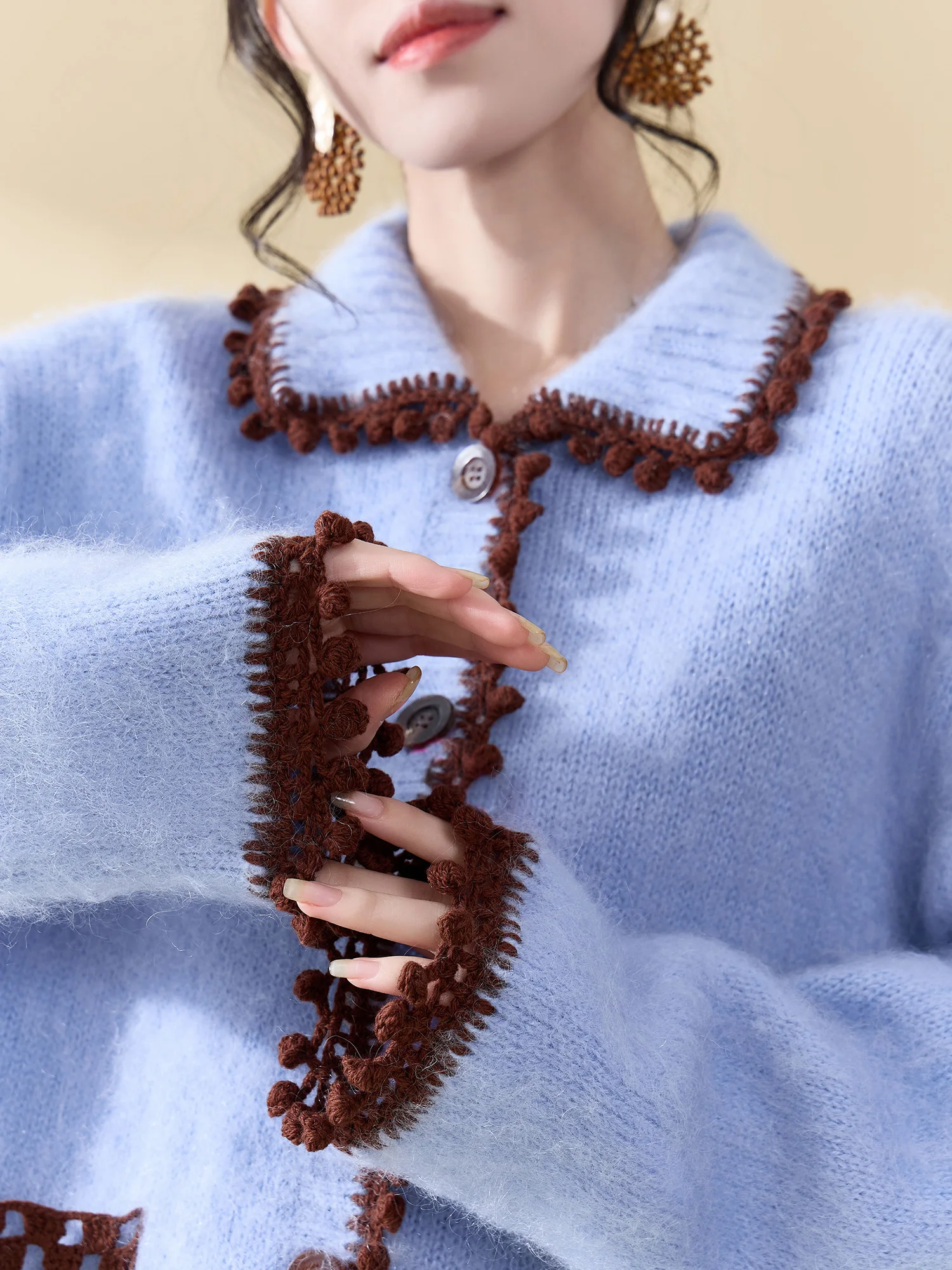 

Klein Blue Color Bloing Collar Knitted Open Cardigan Soft Cozy Women's Sweater Autumn Winter Fce Polyester Blend Long Sl...