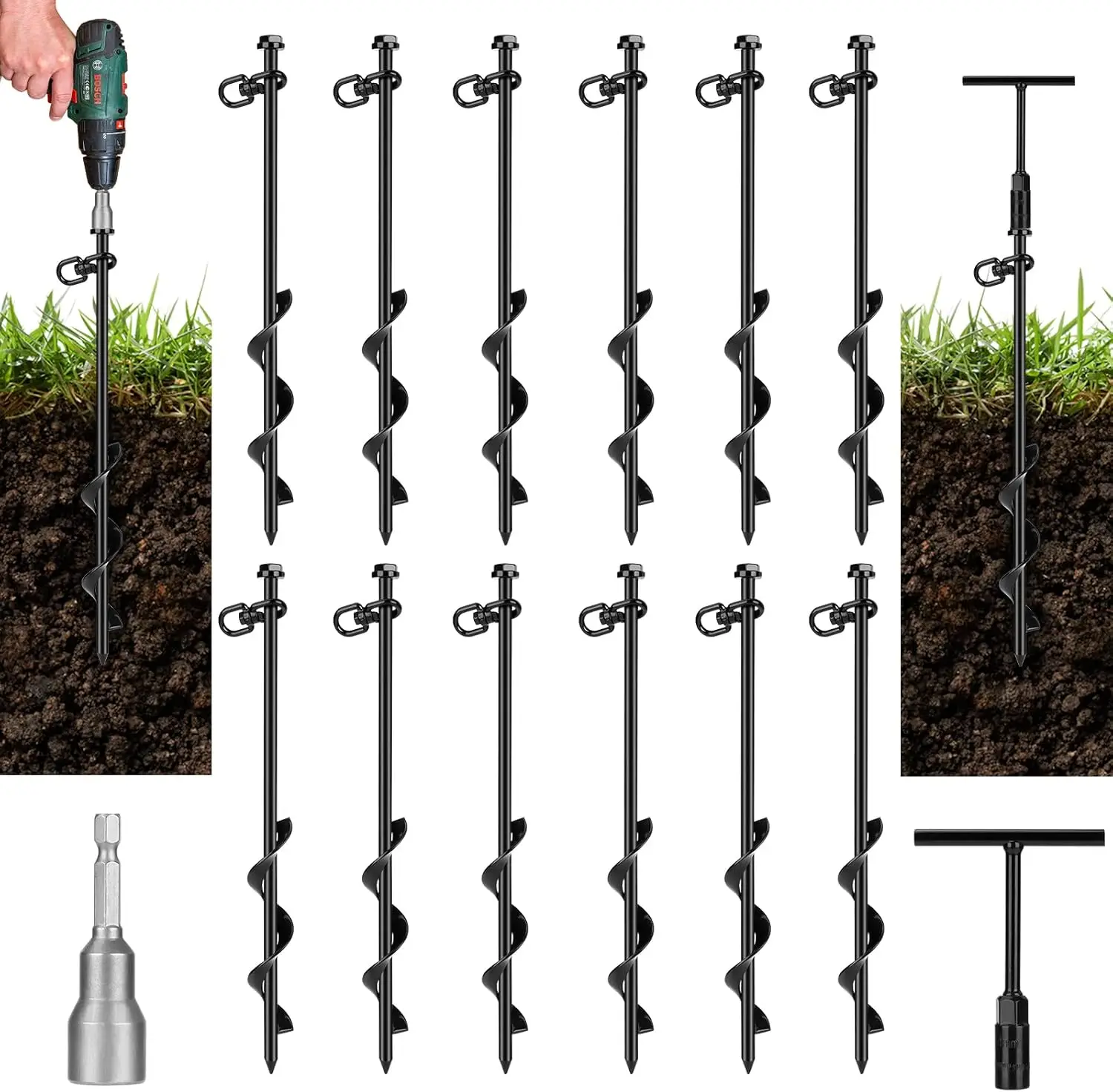 

Heavy Duty Ground Anchors 12-Pack with T-Handle Wrench & Nut Driver for Swing, Trampoline, Tent Security