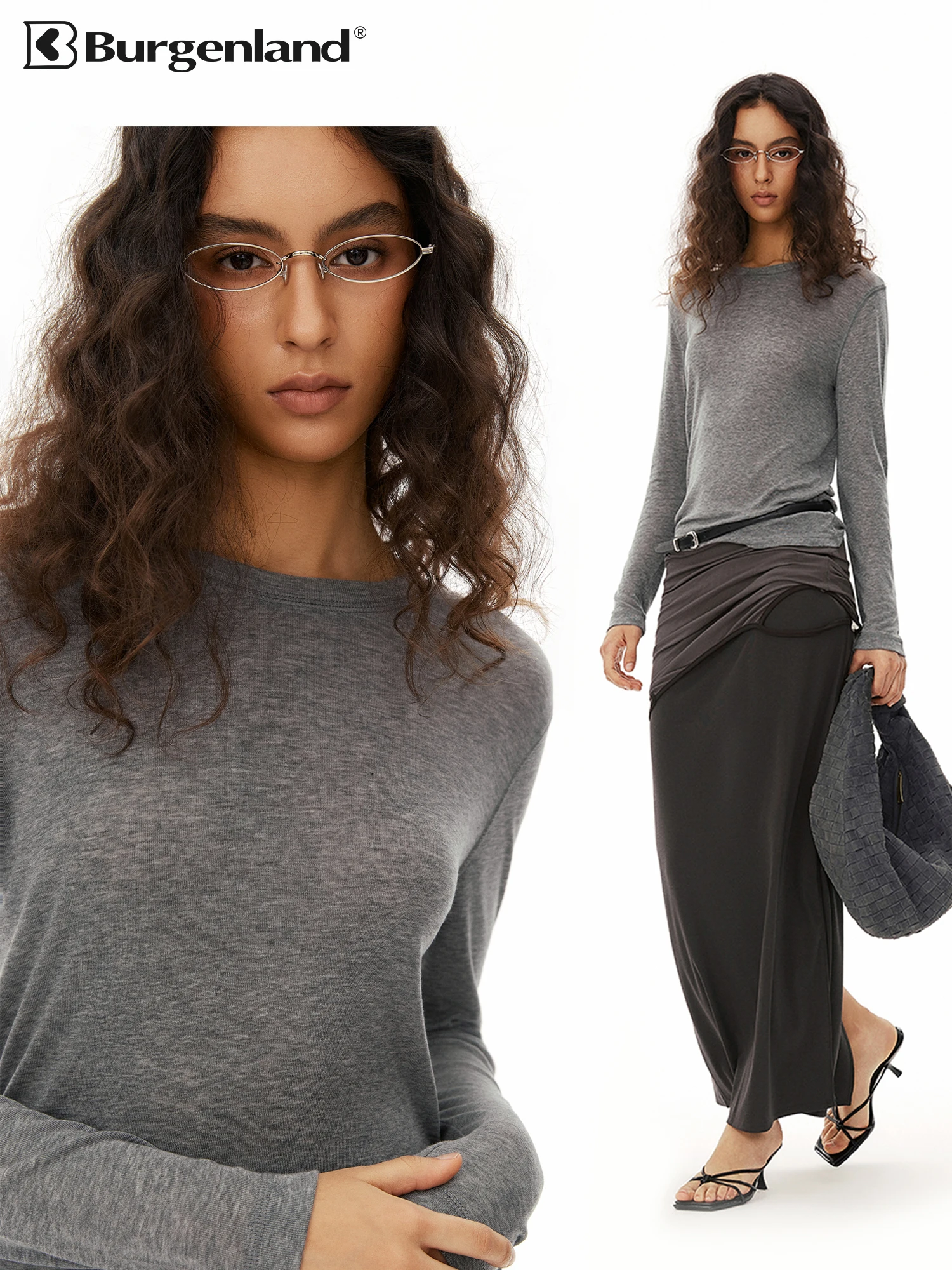 Burgenland Grey Wool Blend Slim Fit Long Sleeve Knit Sweater round Neck Casual Style Women's Fashion Autumn Wear Breathable