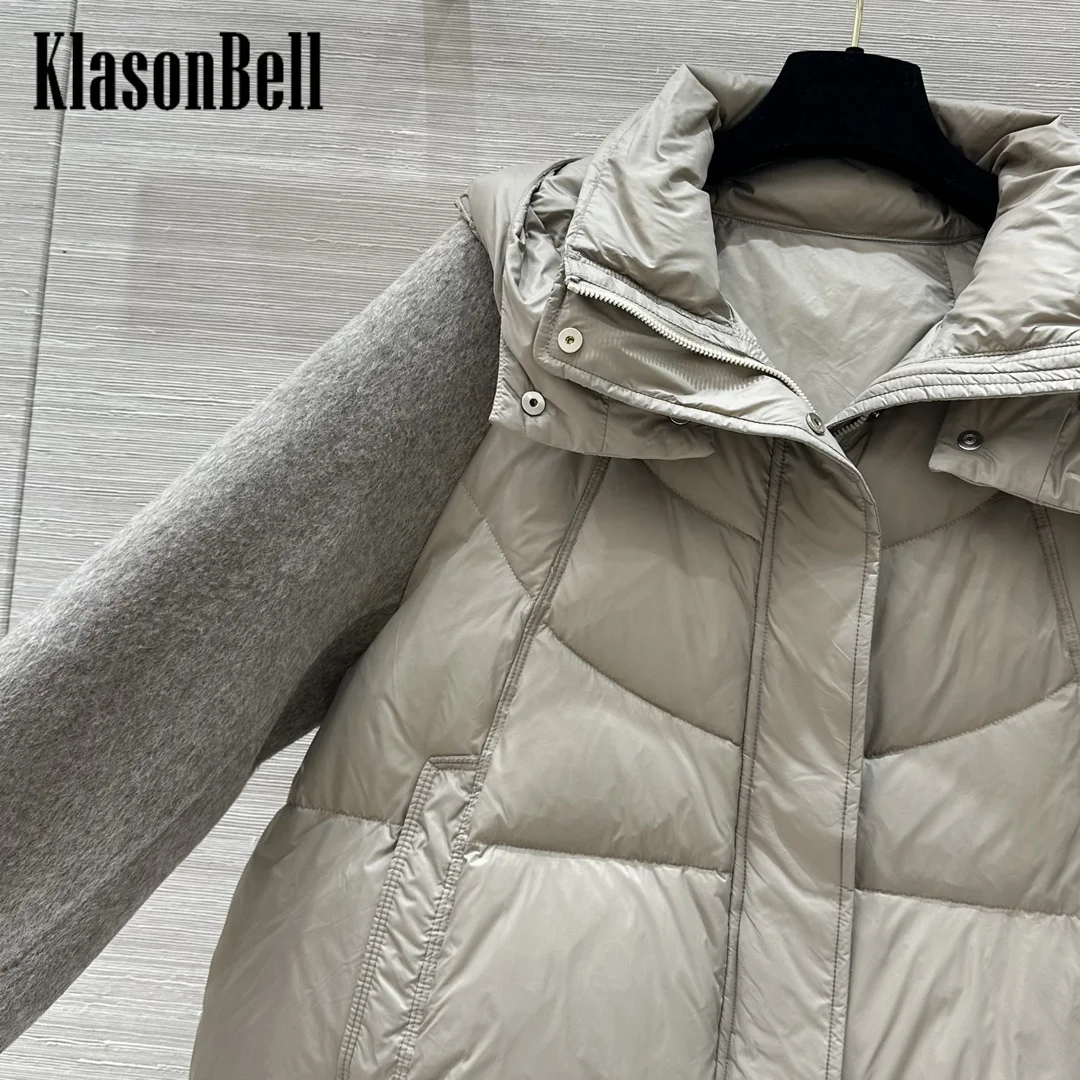 10.7 KlasonBell-Women 2024 Autumn Winter New Wool Spliced Quilted Hooded White Duck Down Loose Zipper Outerwear