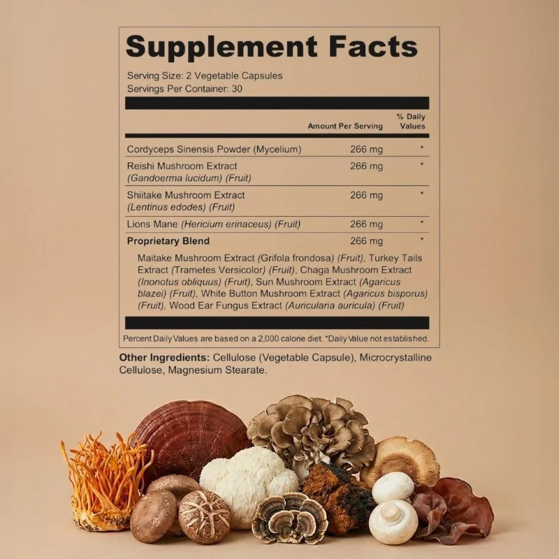 Lions Mane Mushroom Complex for Immune Support -5-in-1 Lion, Chia, and Dance Mushroom Supplement Capsules view 6