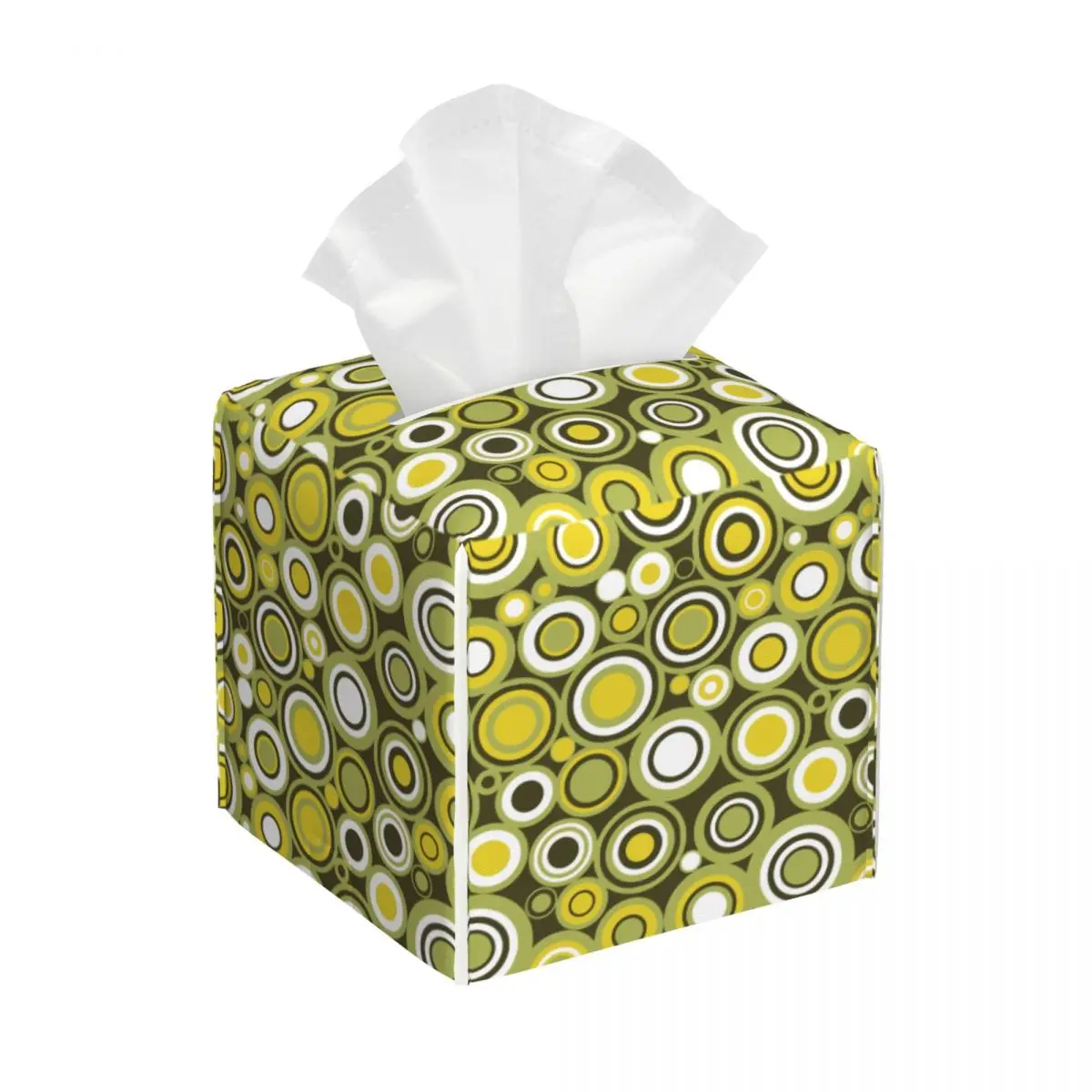 Custom Green Yellow And White Circle Tissue Box Cover PU Leather Square Geometric Colorful Facial Tissue Box Holder for Office