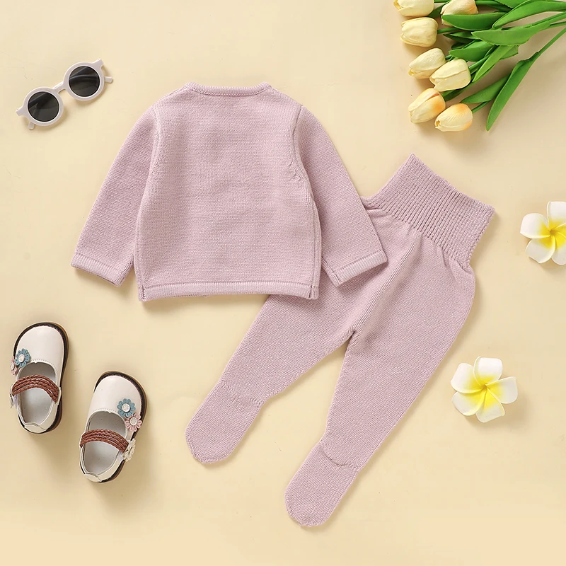 Autumn Infant Kids Girls Clothes Winter Cute Pink Full Sleeve Knitwear Tops+Pants Toddler Girls Outfits 0-1Y Children\'s Knitwear