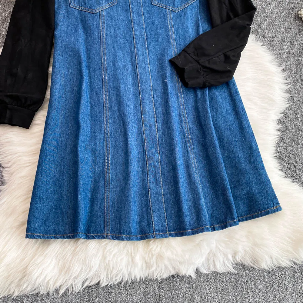 Women Color Matching Denim Dress Female Korean Version Long Sleeve T shirt Splicing Loose Medium Long A-line Dresses