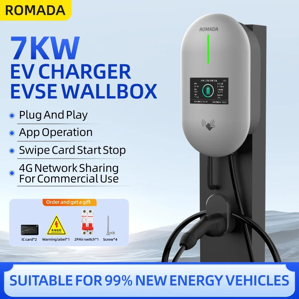 ROMADA EV Charging Station 32A Electric Vehicle Car Charger EVSE Wallbox Wallmount 7KW Type2 Cable IEC62196 Bluetoo APP Control