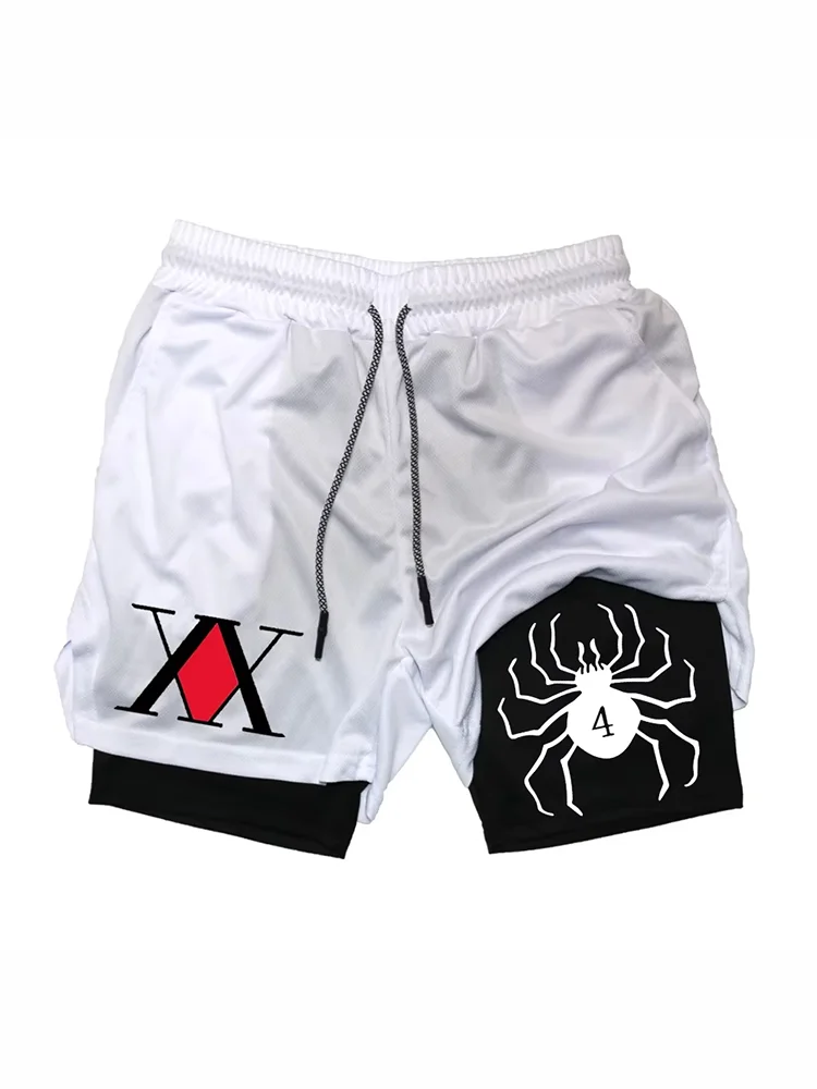 

Мужские спортивные шорты в стиле аниме Hunter x Hunter, двухслойные, 2-в-1, дышащие, быстросохнущие, впитывающие пот, спортивные шорты для фитнеса, беговые шорты DF0011