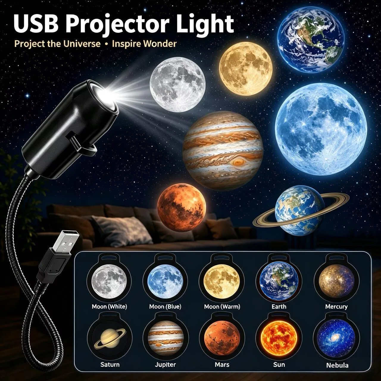 Galaxy Planet Projector Night Light USB Plug And Play HD Star Projector Space Ambient Lighting for Room Ceiling Decor Wall Lamp