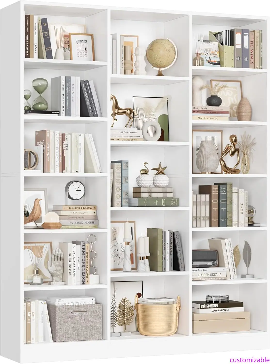 Dreifach breites Bücherregal, 6-stufiges großes Bücherregal, Bücherregal mit 17 offenen Ausstellungsregalen, 74'' hohe Bücherregale und Bücherregale