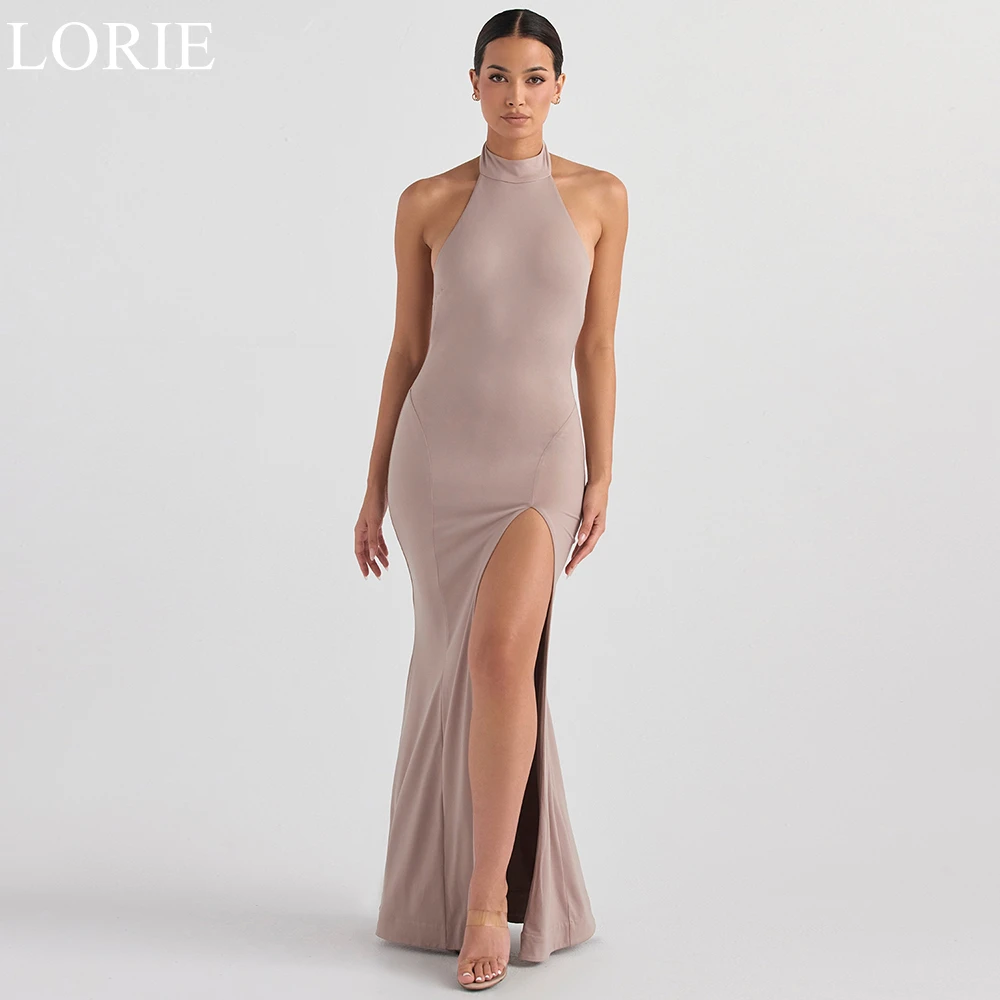 LORIE Elegant Nude Satin Bridesmaid Dresses High Neck Draped High Slit 2024 Mermaid Backless Wedding Party Prom Gowns Customized