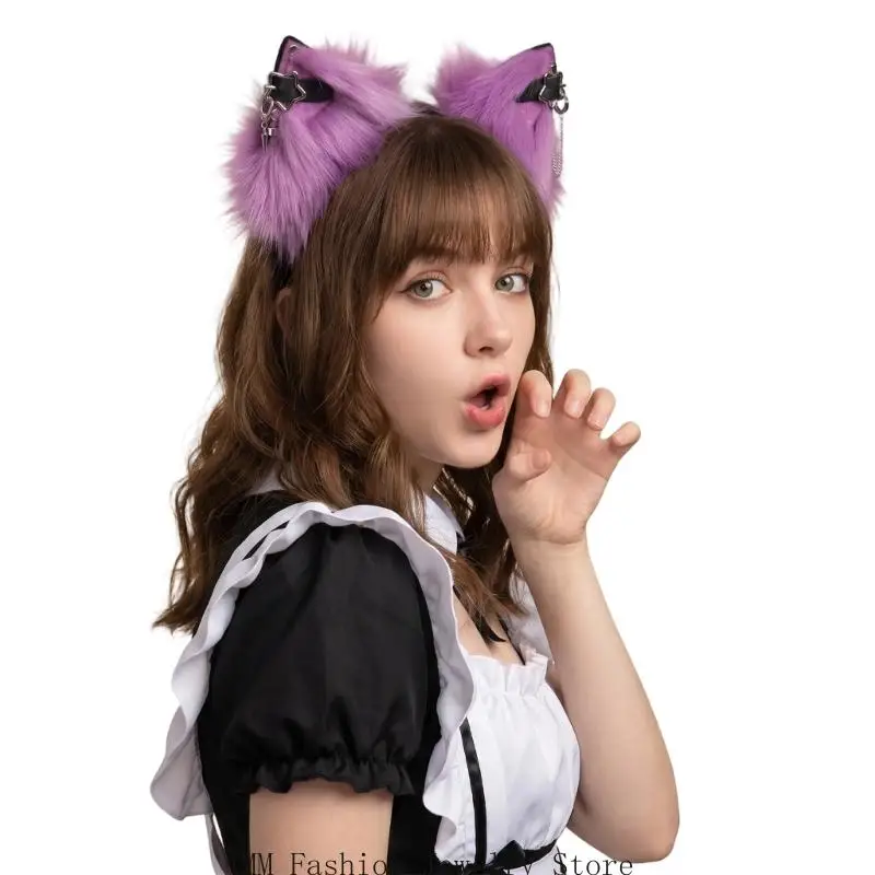 Soft Plush Moving Cats Ear Headband, Metal Star Chain Decors Rechargeable Electric Animal Ears Cosplay Hair Hoop D0UB