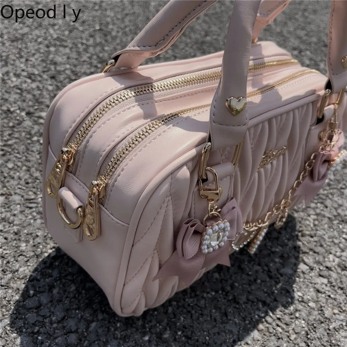 

Japanese-style Lolita Heart-shaped Pearl Rhinestone Bag Pleated Bow Handheld Elegant Girl Single-shoulder Crossbody Boston Bag