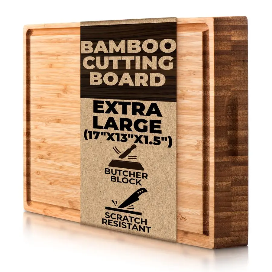 

Block Organic Bamboo Cutting Board w Juice Groove 17x13x1.5 Butcher Block Cutting Board Premium Quality and Professional Design
