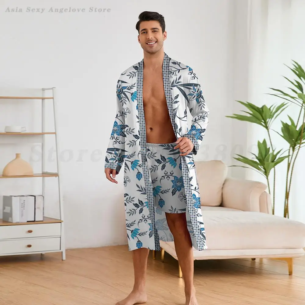 Print Flower Men\'s Sleepwear Long Sleeved Robe Shorts Pijamas Set Loose Casual Bathrobe Kimono 2025 Spring Summer 2PCS Pyjamas