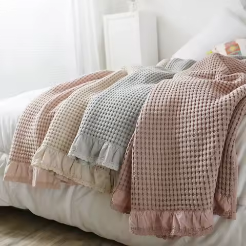 100% pure cotton blanket, waffle knit blanket, corn kernel embossed, summer ruffled edge warm grid cover blanket, gauze blanket