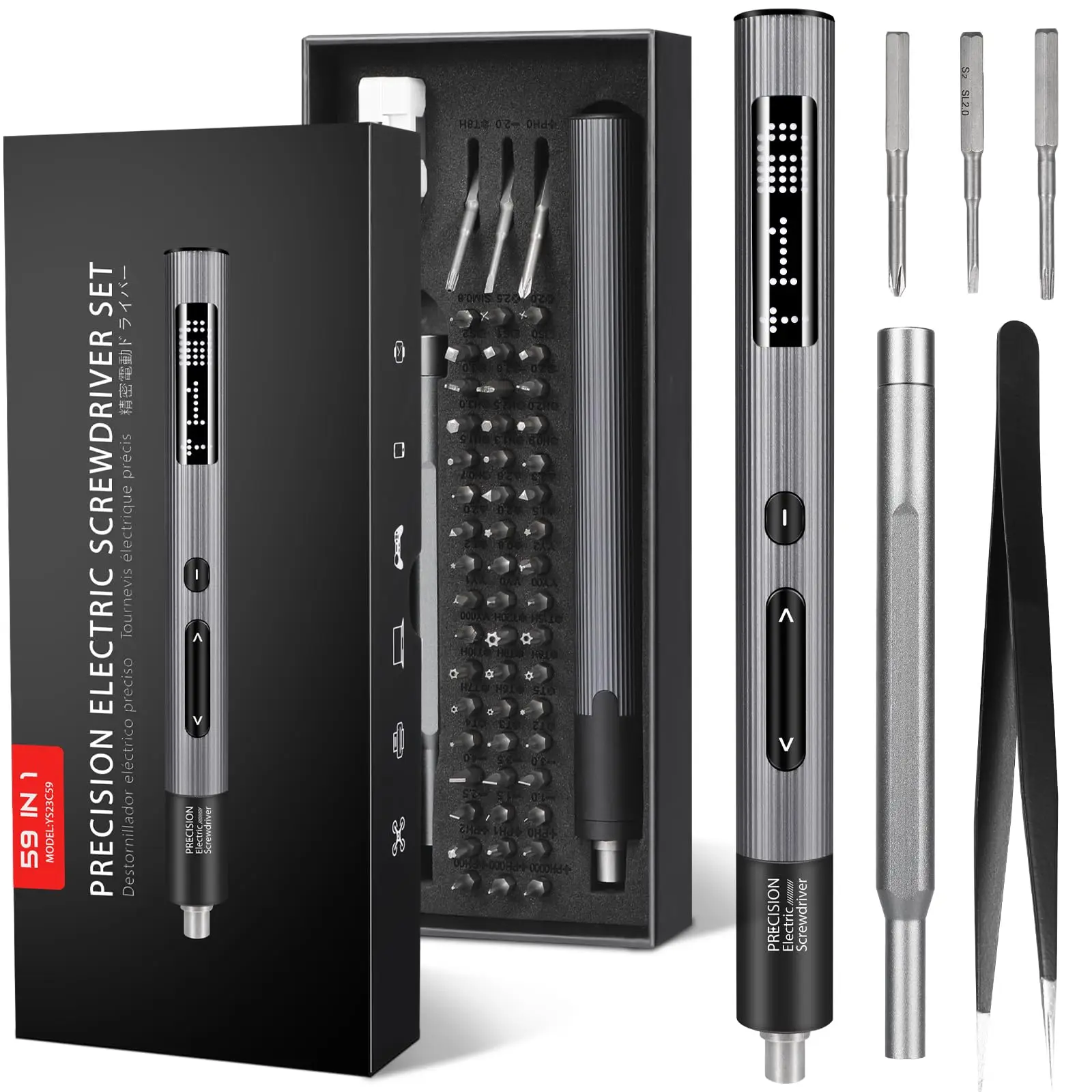 59 in 1 Precision Electric Screwdriver Set with 54 Magnetic Bits 3 Torque Adjustment LED Light Digital Display Power Repair Tool