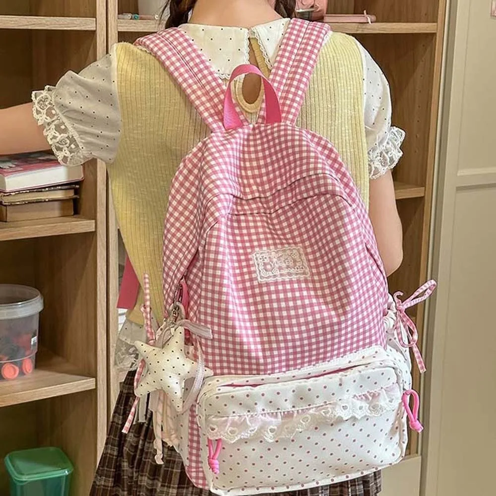 Korean Style Plaid Backpack Ruffle Design Pastel Color Lace Schoolbag Adjustable Straps Lightweight Gingham Daypack