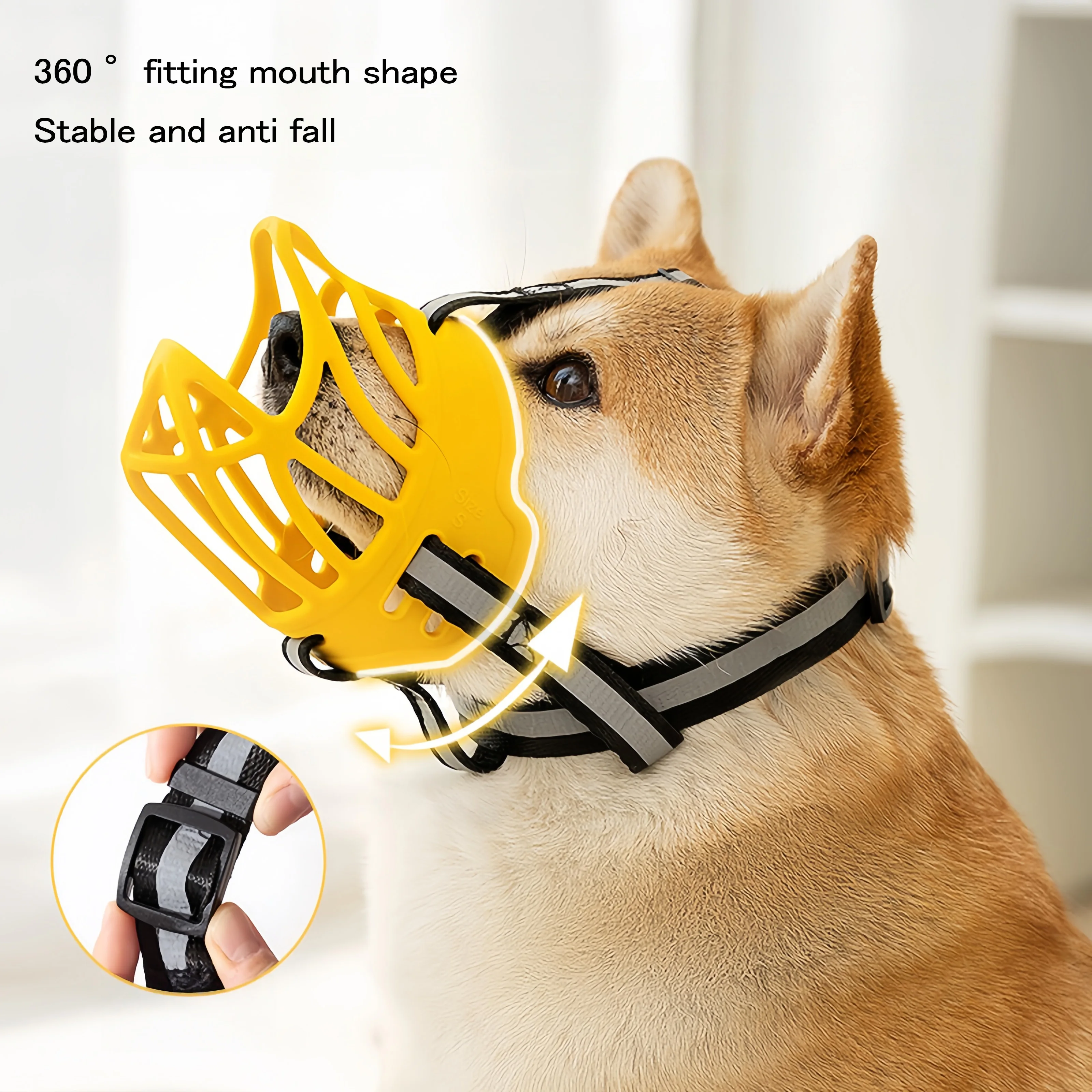 Night Reflective Dog Muzzle Breathable Silicone Anti-Bite Cage with 360° Reflective Strip Adjustable Strap for Small Large Dogs