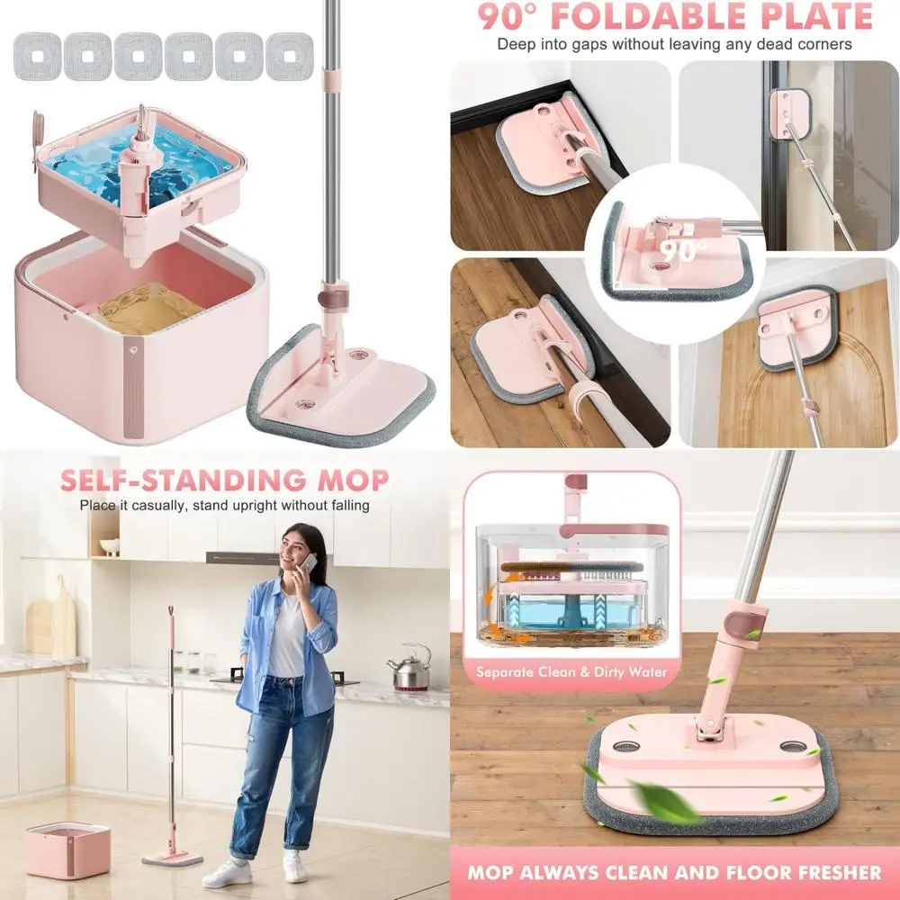

Self-Standing Spin Mop Bucket Set with Separate Dirty and Clean Water System, 360° Rotating and 90° Wringing for Easy Cleaning