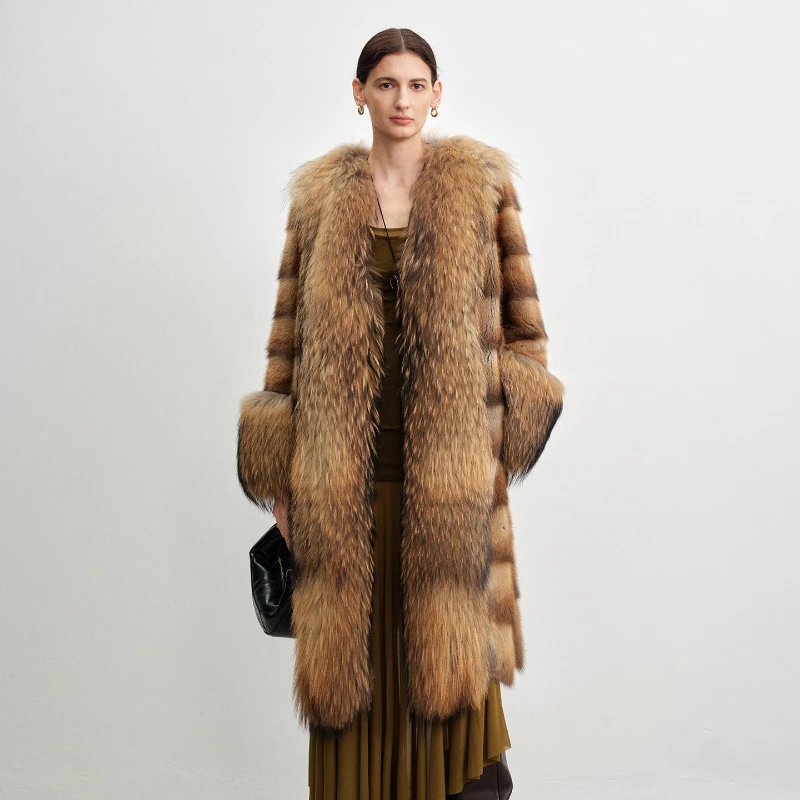 YOLANFAIRY autumn and winter primary colour Imported Raccoon Dog Fur vintage style warmth marten overcoats шуба женская 2025