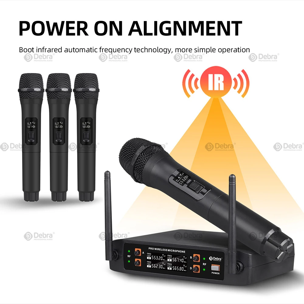 데브라 KV04 4채널 UHF 무선 마이크 시스템 (마이크 4개 포함), 장거리 260피트, 노래방 파티, 교회, 무대 공연용