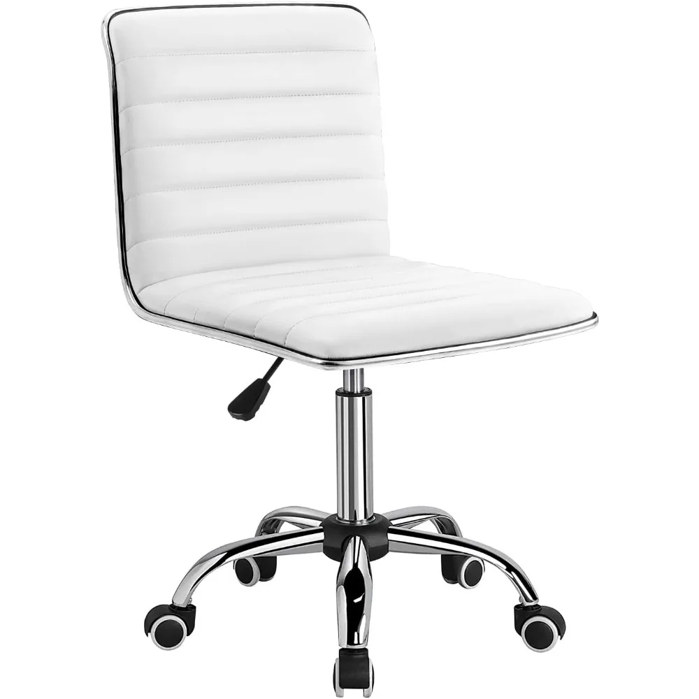 

Mid Back Vanity Chair for Makeup Room, Low Back PU Leather Swivel Computer Desk, Task and Office Chair Retro with Armless Ribbe