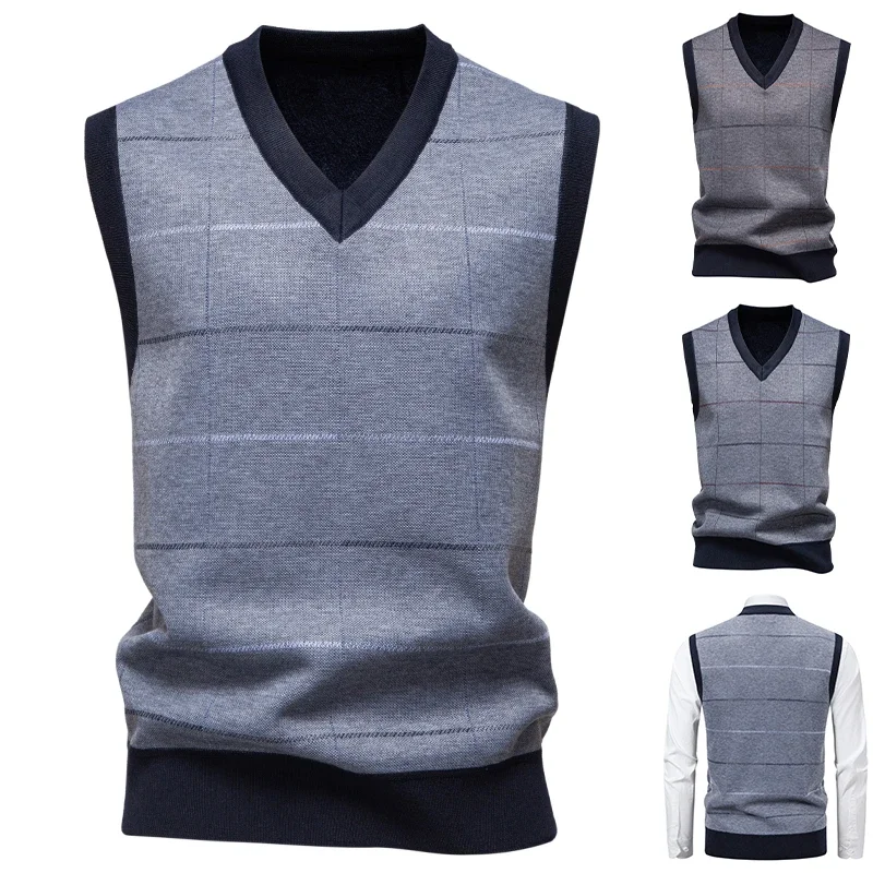 Men's Knitted Warm Sweater in Autumn and Winter V-neck Vest Diamond Grid Twisted Flower Casual Fashion Versatile Top