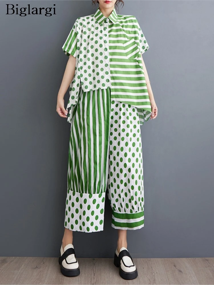 Oversized Polka Dot Striped Print Summer 2 Two Piece Set Women Irregular Pleated Fashion Ladies Shirts Wide Leg Loose Woman Pant