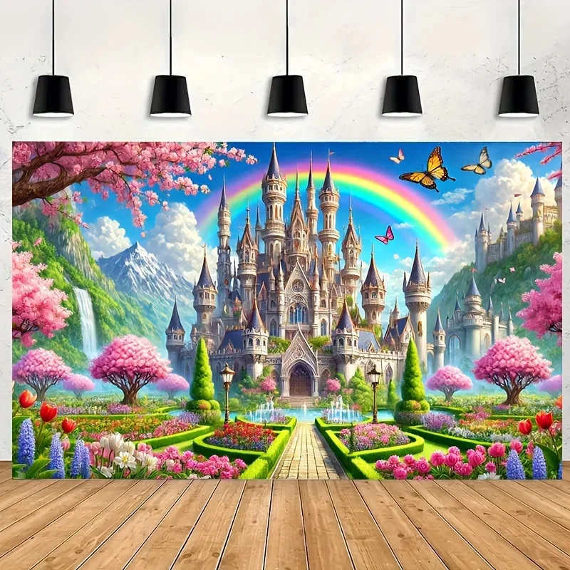 Prinzessin Schloss Regenbogen Schmetterling Garten Hintergrund-vielseitige Polyester Party Banner, power-free Fotografie Hintergrund