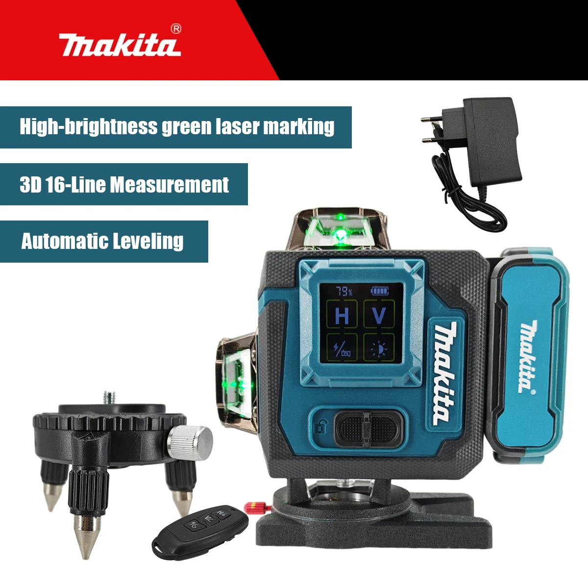Makita elektrisch gereedschap 360 graden X4 16-lijns laserwaterpas voor buitengebruik Zelfnivellerend verticaal kruislijngereedschap voor nauwkeurige metingen