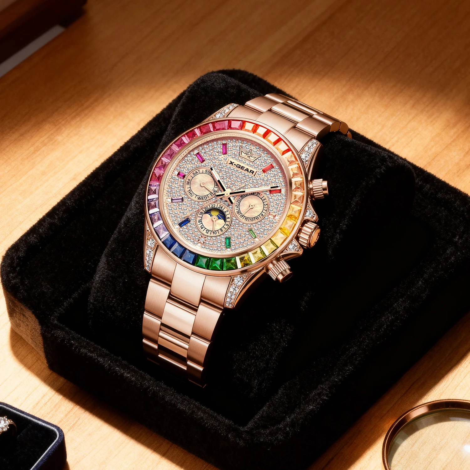 Relógio masculino X-GEAR mecânico automático com mostrador de diamante fase da lua luminosa resistente à água (presente)