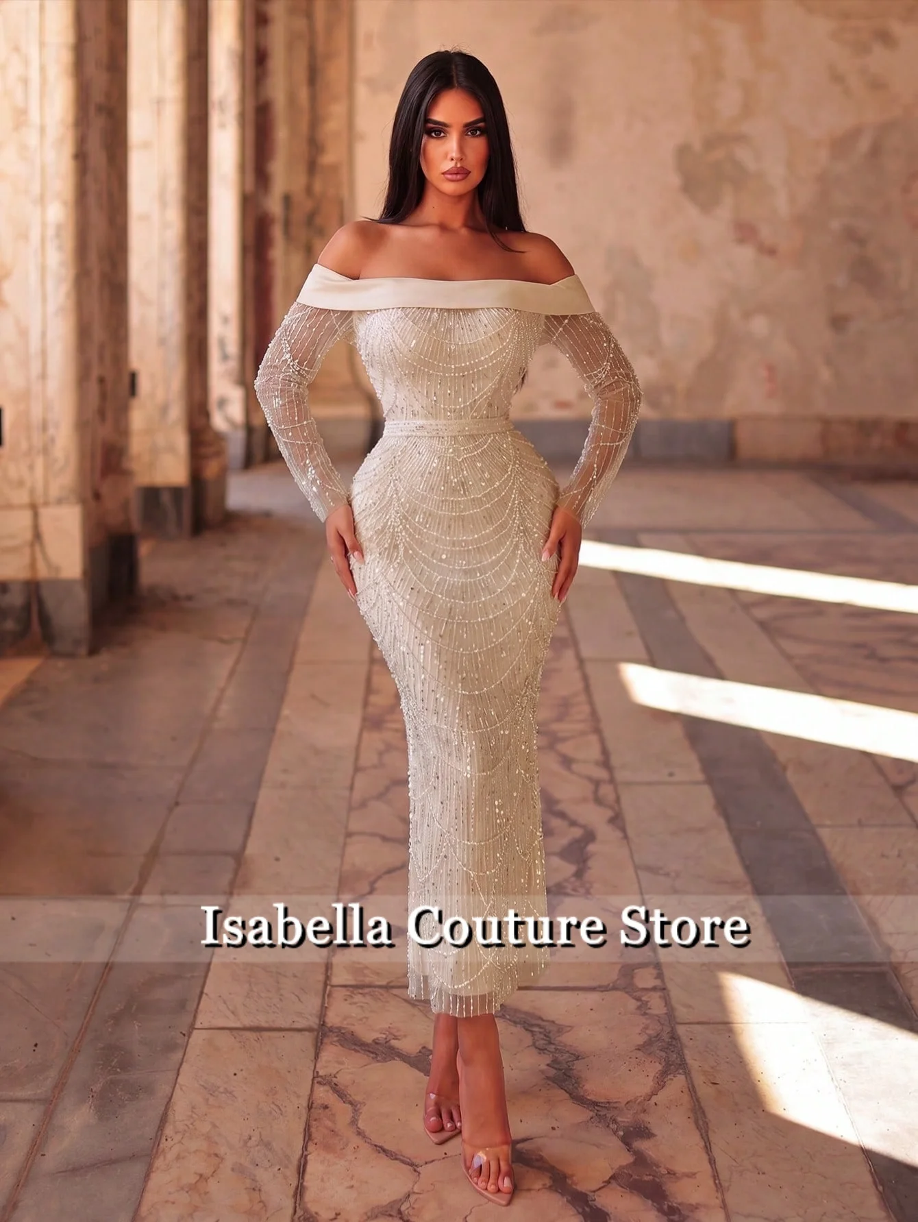 Ivory Off Shoulder Long Sleeve Beaded Mermaid Prom Evening Party Dress For Women Gala Event Wedding Guest Night Customized