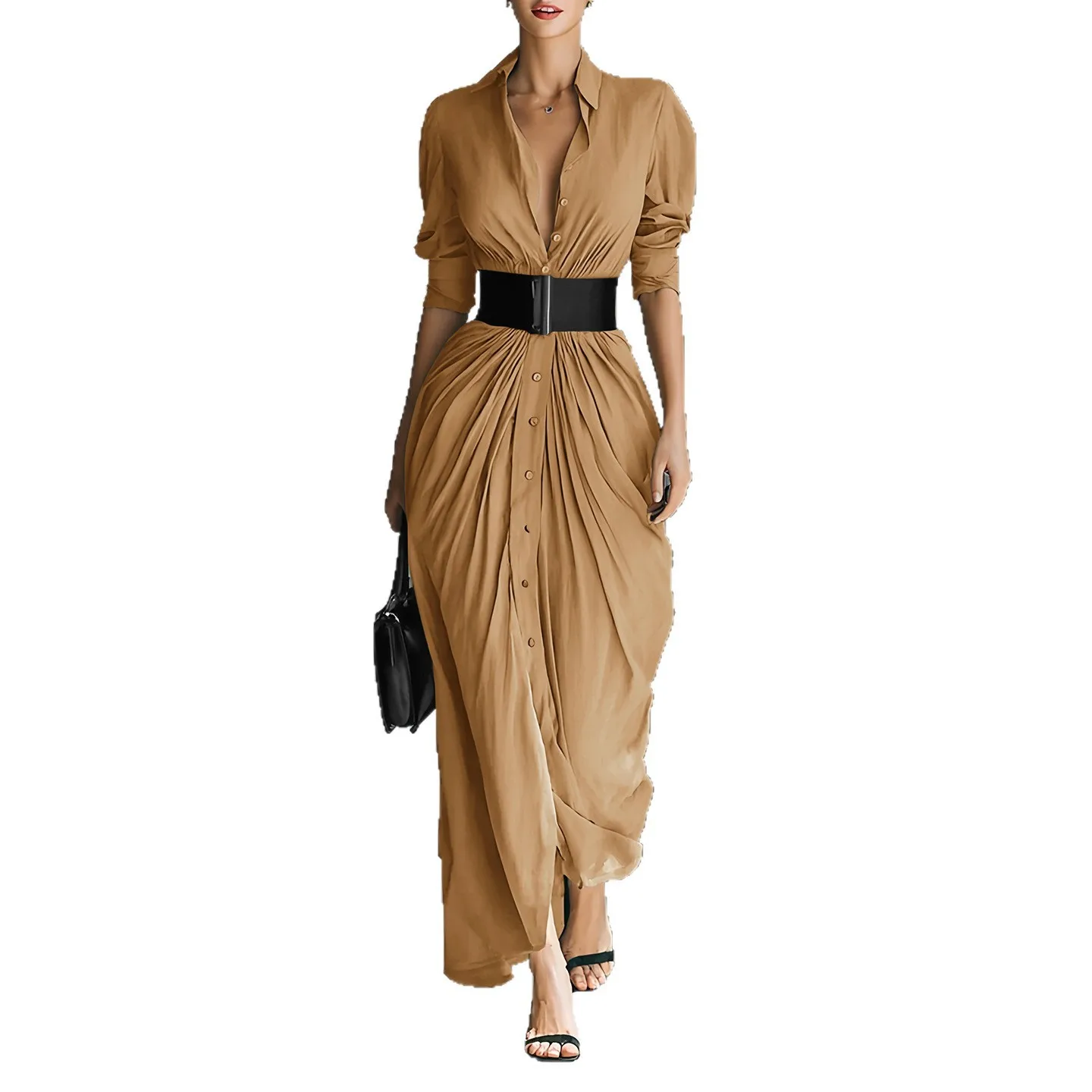 

2025 New Fashion Slim Button Dress Women In Autumn Elegant And Refreshing Pleated Solid Color Belt Long Dresses For Women