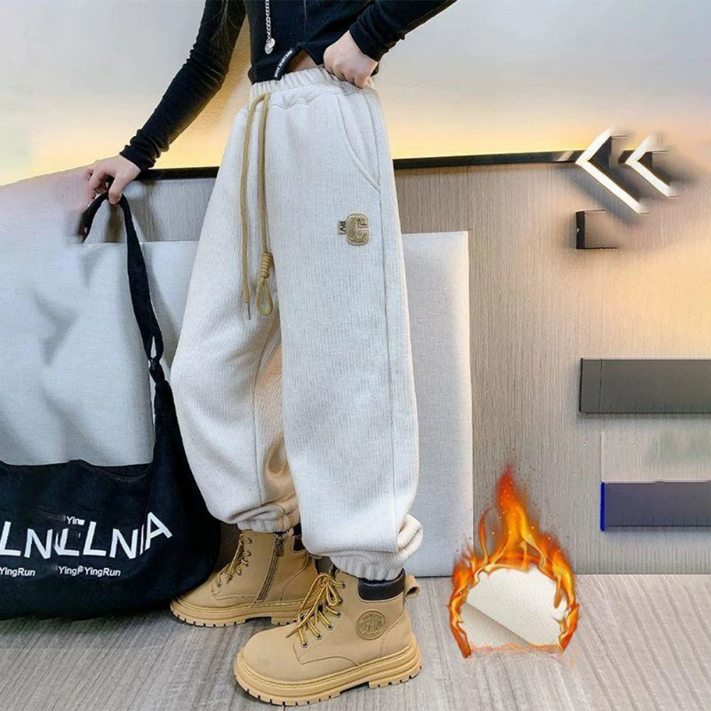 

Autumn Winter Boys Solid Sweatpants Ankle-Length Pants Young Children Girls Plus Velvet Warm Sport Drawstring Design Trousers