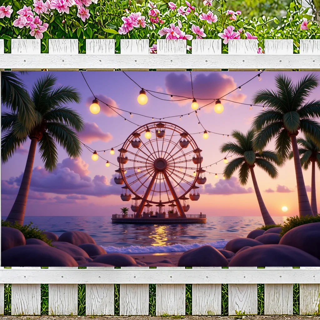 Decorazioni da spiaggia Tema tropicale Banner al tramonto Banner scenico Luci Decorazione Banner al mare per la celebrazione serale Evento all'aperto