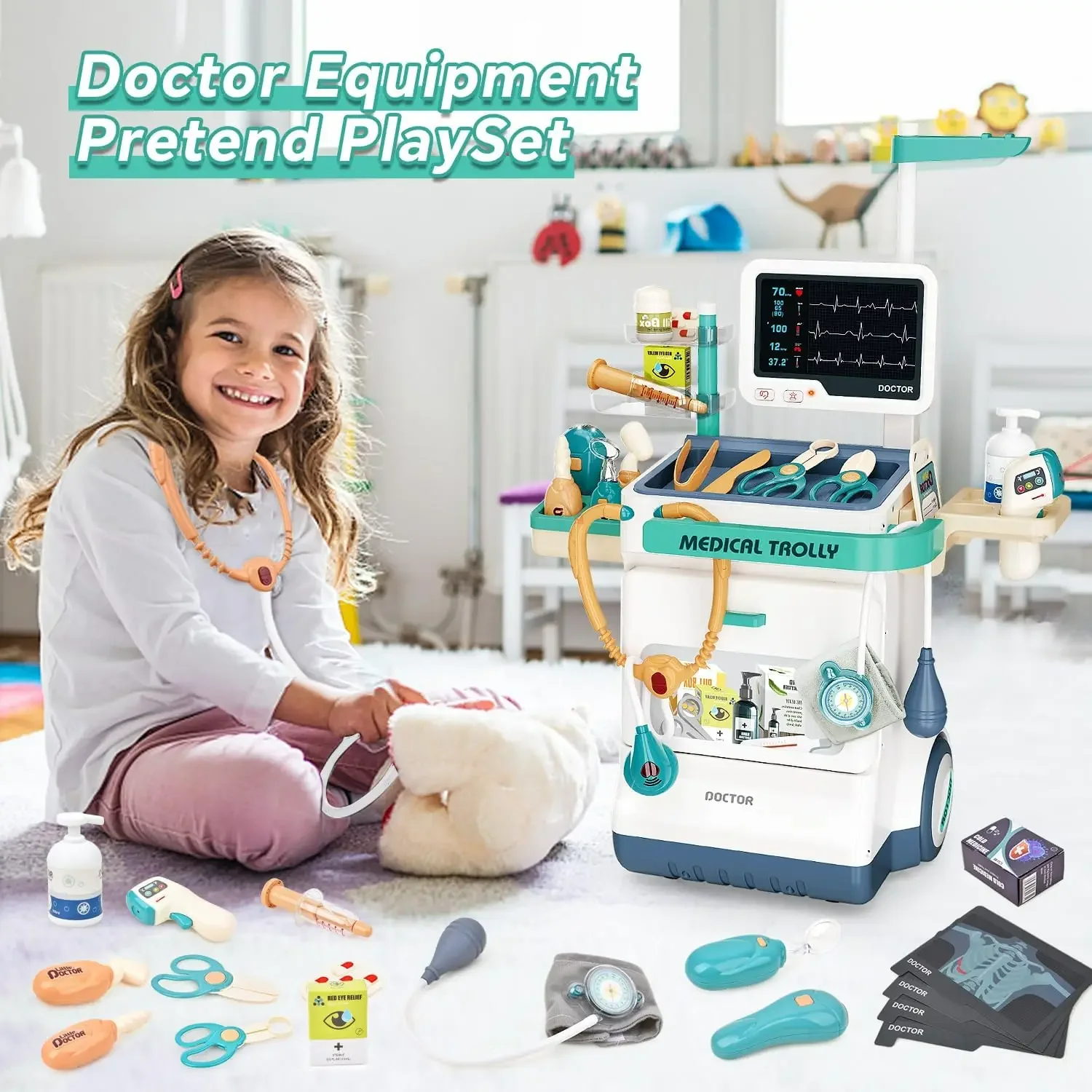 ชุดหมอของเล่นแกล้งเล่นหมอพยาบาลโรงพยาบาลเกมเด็กวัยหัดเดิน Medical Cart ชุดเสียง 3-5 ปีเด็กวัยหัดเดินของเล่นสําหรับเด็ก