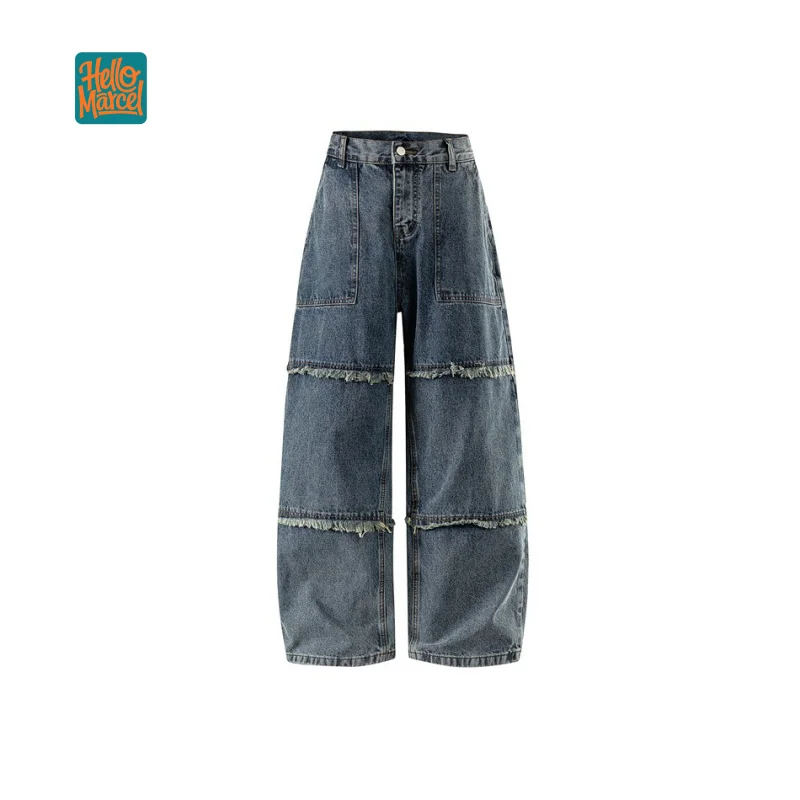 

HELLOMARCEL EU US Size Top Quality Washed Cargo Jeans Pants Men and Women Loose Straight Trousers